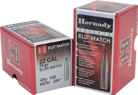 HORNADY ELD MATCH .22 CAL .224 75 GRAIN EXTREMELY LOW DRAG-MATCH 100 ROUNDS PER BOX - 22791