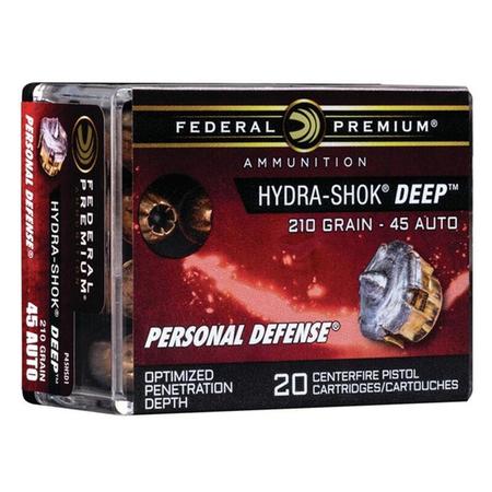 Federal Premium Hydra-Shok Deep .45 Auto Ammunition 20 Rounds 210 Grain Hydra-Shok Deep Hollow Point Projectile 980fps