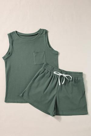 Shewin Waffle Knit Tank Top & Shorts Set | Mist Green